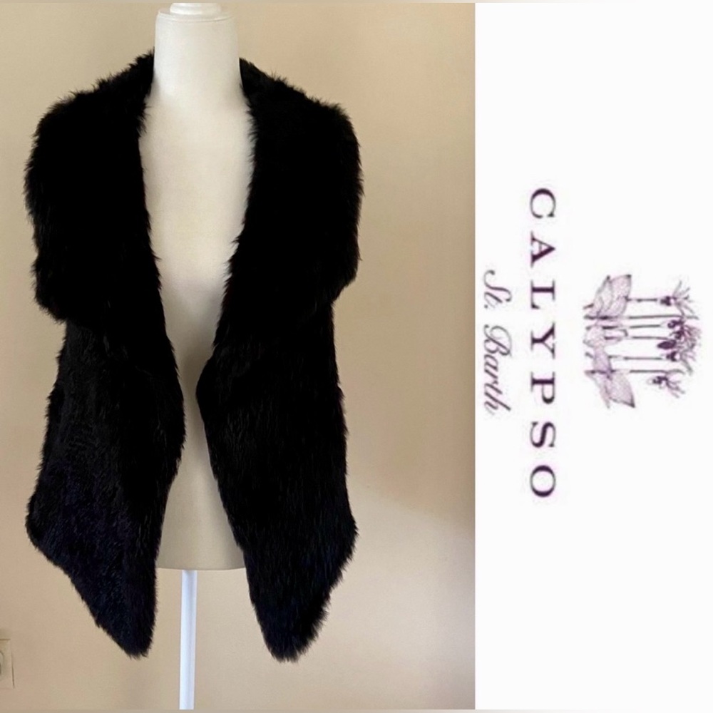 Calypso St. Barth Elegant Black Rabbit Fur Wrap Vest in Small